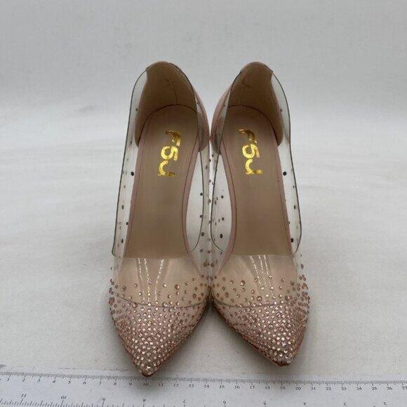 FSJ Light Pink Studded Pointed Toe Transparent Pumps High Heels Shoes - Picture 3 of 8